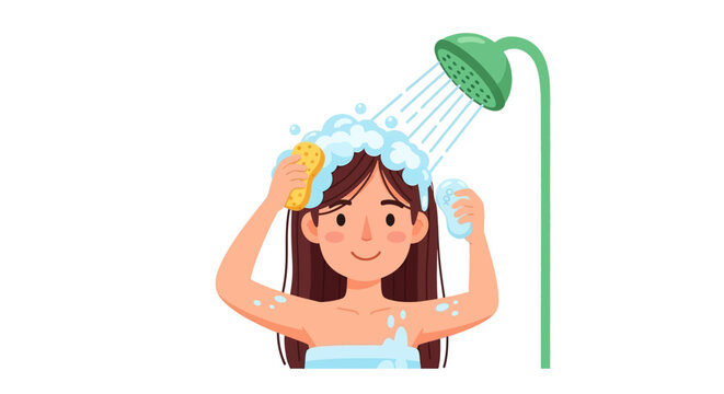 A cheerful cartoon woman washing her hair under a green showerhead with shampoo.