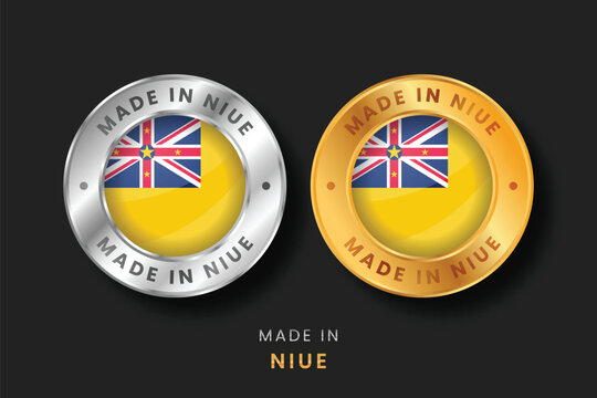Professional circular gold and silver seals showcasing the Niue flag. Premium emblems for authentic local products, manufacturing origin, and export quality certification