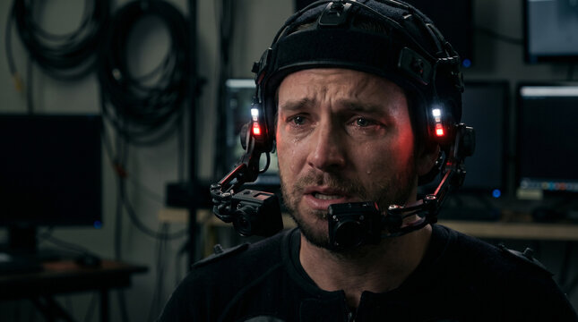 Crying male actor wearing facial motion capture rig