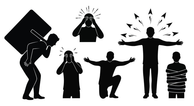 Vector collection of silhouettes depicting mental pressure and internal conflict.