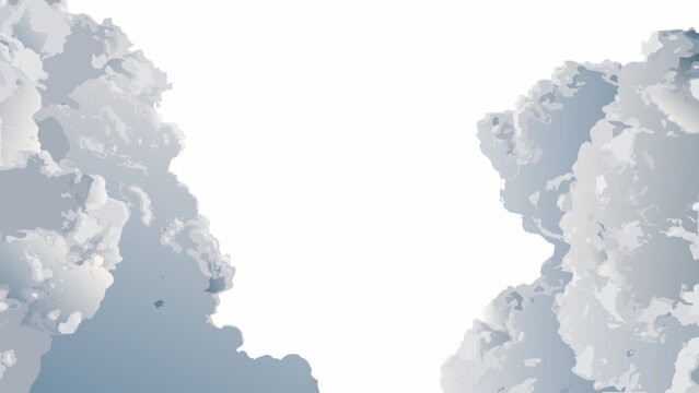 A bright white sky is framed by fluffy textured grey clouds on either side