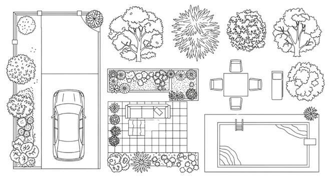 Residential Landscape Plan CAD Blocks with Patio Furniture, Pool Layout, Parking and Planting Elements