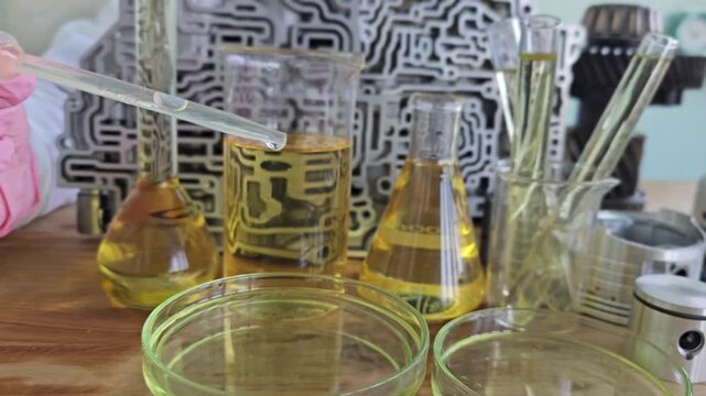 Lab experiment with liquids in glass containers on a table among various lab equipment