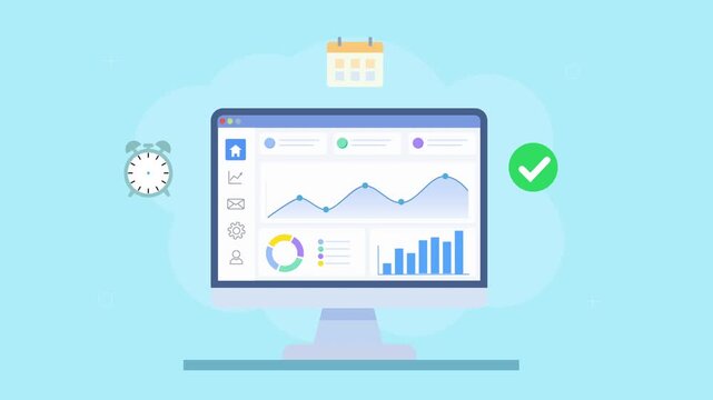 Looping flat animation of a cloud analytics dashboard with charts, calendar and approval icons, representing scheduling, task management, and performance tracking.