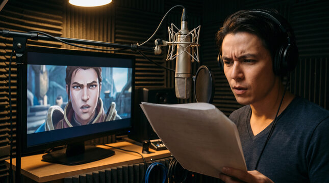 Voice actor recording dialogue for animated video game