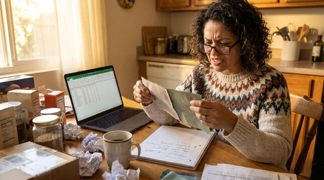 Stressed woman calculating finances for small home business