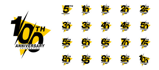 Fototapeta premium Set of years anniversary celebration emblem. black anniversary logo isolated with yellow triangle on white background. vector illustration template design for web, flyers, poster, invitation