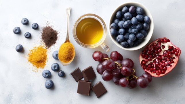 Antioxidant breakfast composition with tea blueberries pomegranate chocolate and turmeric for menu design poster background and healthy food layout
