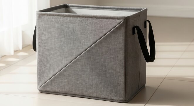 A Collapsible Gray Fabric Laundry Hamper with Handles for Home Storage and Organization