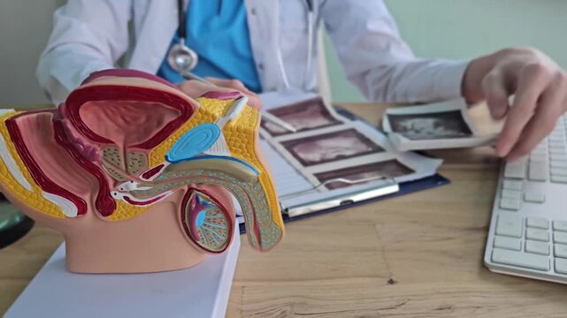 Doctor reviews medical images with an anatomical model of the ear in a clinic setting