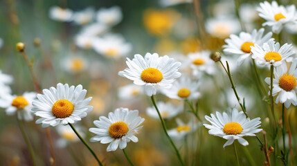 Obraz premium A white and yellow daisy blossom blooms in a sunlit spring meadow, showcasing the floral beauty of a macro chamomile flower in a field of daisies