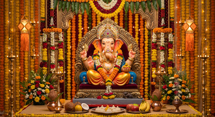 Fototapeta premium Lord Ganesha Idol Decoration for Ganesh Chaturthi Festival with Flowers and Lights