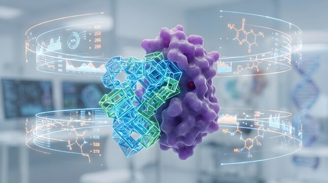 Cinematic 3D Render of Synthetic Molecule Binding to Organic Protein with AI Data Hologram in Futuristic Laboratory for Drug Discovery and Synthetic Biology Concept