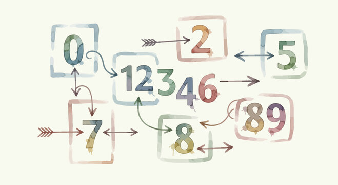 Numbers Flowchart Concept: Digits 0-9 Connected by Arrows, Watercolor Style