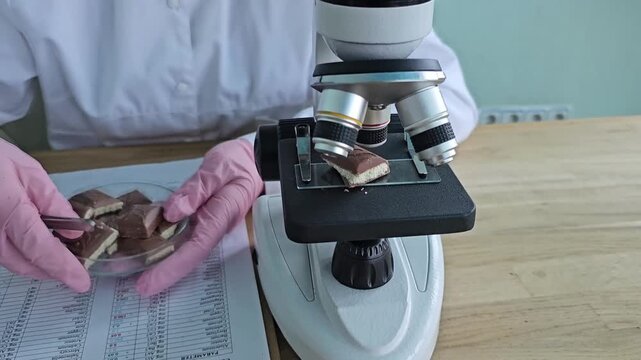 Examining chocolate samples under a microscope in a lab setting on a weekday
