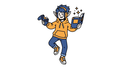 Gamer with controller and book : A young individual joyfully combines gaming and literature, embodying a balanced pursuit of entertainment and knowledge © AbuAbdillah