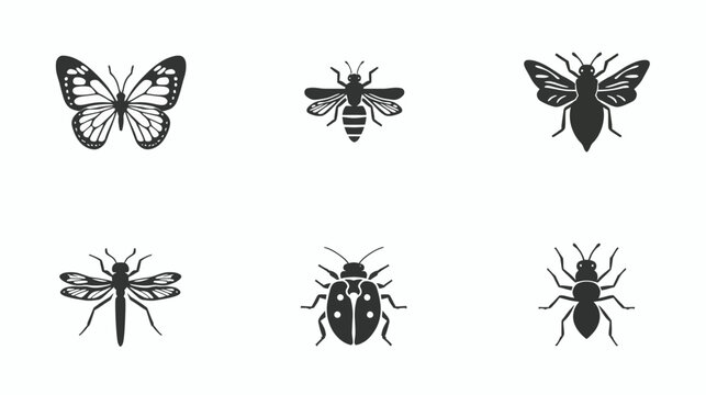 Butterfly, Bee, Dragonfly, Ladybug, and Ant - Minimal Black Vector Illustrations on White Background