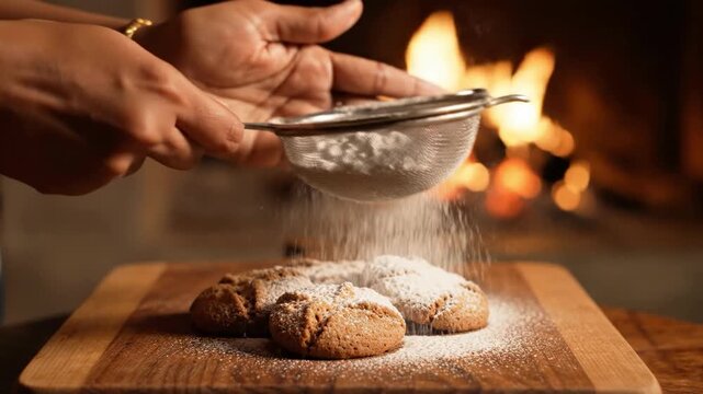 A person dusting cookies with powdered sugar in a cozy atmosphere by a fireplace, creating a warm and inviting scene.