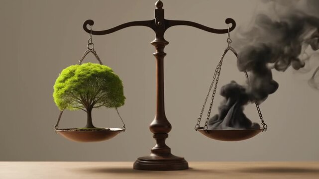 Environmental balance scales, tree versus smoke, illustrating conservation vs pollution impact