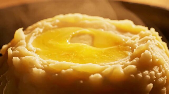 melting butter on hot mashed potatoes with steam close up