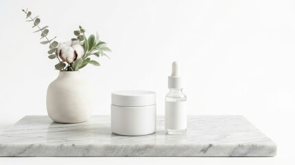 Fototapeta premium Minimalist skincare products on marble countertop with vase of greenery