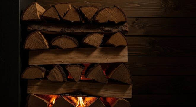 Flickering firelight illuminating stacked firewood logs in a rustic wooden setting, creating a warm and inviting ambiance.