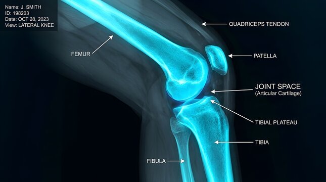 Detailed medical rendering of a human knee joint anatomy with labels for femur tibia fibula patella quadriceps tendon joint space and tibial plateau showing skeletal structure in a glowing blue