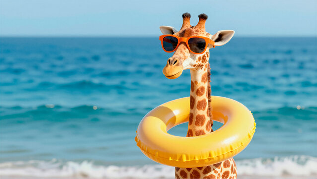 A cheerful giraffe, wearing orange sunglasses and a yellow swimming ring, stands on a sunny beach by the ocean. This humorous image perfectly captures the spirit of summer vacation and tr