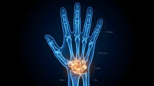 Detailed X ray view displaying the intricate skeletal structure of a human hand and wrist joint with visible carpal bones and tendons highlighted in a vibrant orange against a deep blue gradient