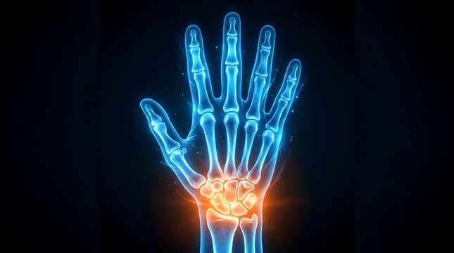 X ray depiction of human hand and wrist bones glowing with blue light showing detailed skeletal structure highlighting wrist joint discomfort area with orange hue against dark void perfect for
