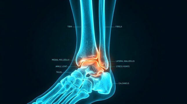 Detailed view of human ankle joint anatomy glowing blue with highlighted inflamed area in orange for medical condition awareness presented on a dark backdrop orthopedic healthcare concept for