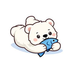 Cute polar bear cub holding a blue fish illustration. Adorable hand-drawn cartoon character for kids, winter theme, and nursery design. © Singkil Kreatif