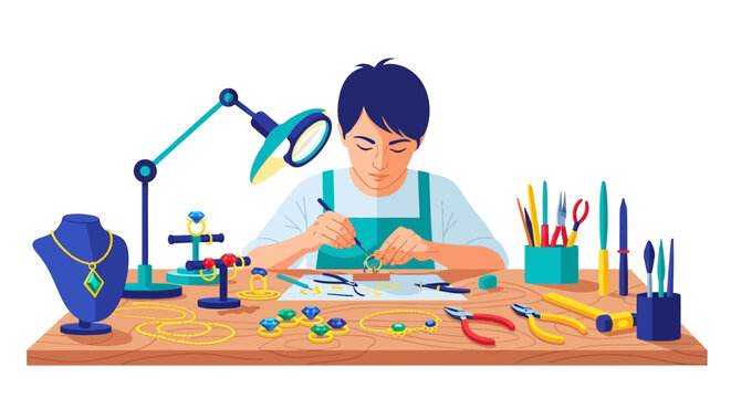 Young man meticulously crafting jewelry at a workbench.