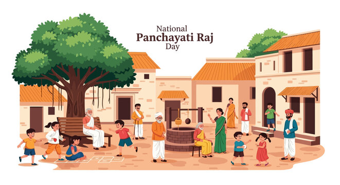 On National Panchayati Raj Day, an illustration depicts an Indian village scene with families gathered around a well and beneath a large tree, showcasing rural development and local