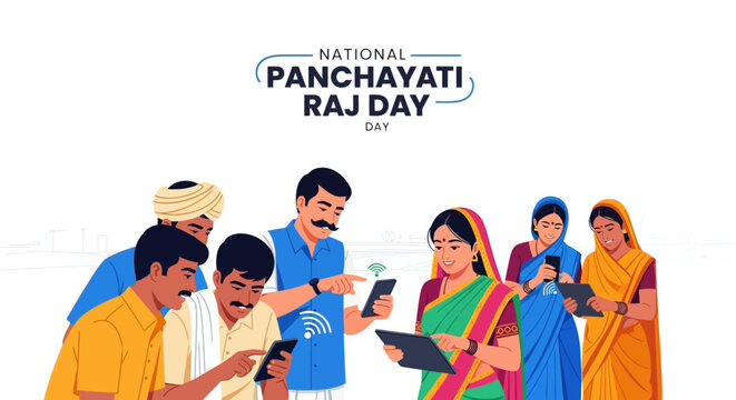 On National Panchayati Raj Day, a diverse group of villagers are shown using smartphones to connect with rural governance systems, set against a clean white background with a modern, flat