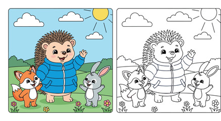 Cute Hedgehog in a Blue Puffer Jacket with Little Fox and Rabbit Friends in a Sunny Meadow © MstSangita