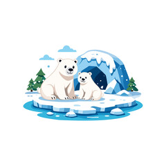Flat vector illustration of polar bear family on icy Arctic landscape, featuring adult and cub near ice cave, ideal for wildlife, winter, and environmental conservation themes. © Singkil Kreatif