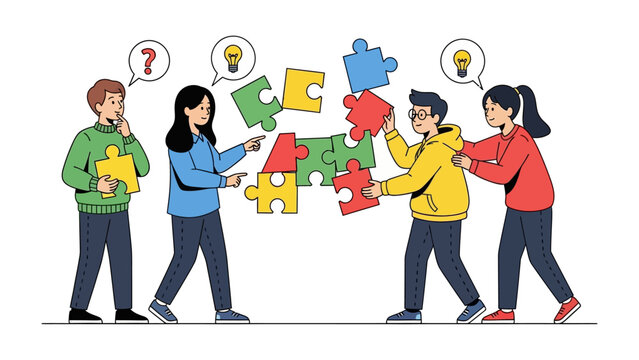 Teamwork and Problem-Solving: A diverse group collaborates to assemble a vibrant jigsaw puzzle, symbolizing unity, problem-solving, and the power of combined effort. 