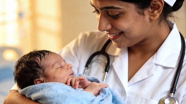 Indian young woman midwife holding and slowly rocking newborn baby, born moments ago. Occupations and professionals. Giving birth and children care. Neonatology, hospitals in different countries