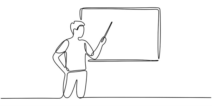 Teacher pointing at a blank board one line drawing