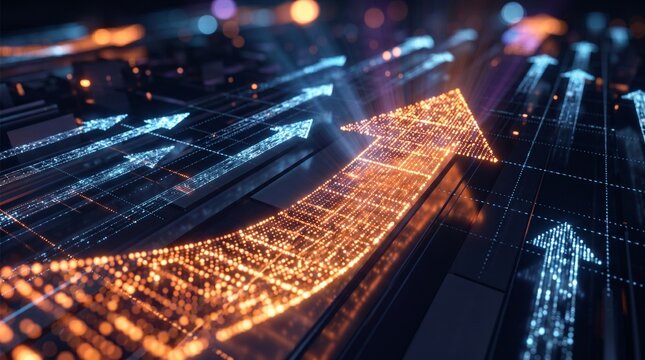 Abstract glowing arrows showing financial business growth and upward direction, AI data driven strategy and digital transformation concept