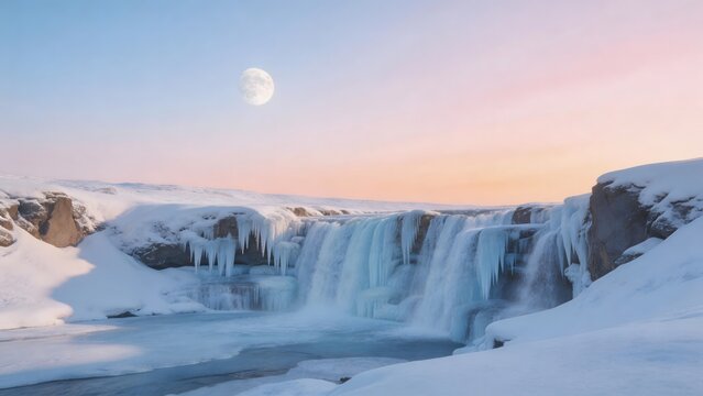 Frozen waterfall under moonlit sky