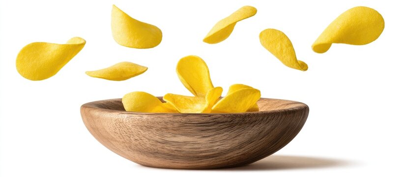 Potato chips falling into a wooden bowl on white background