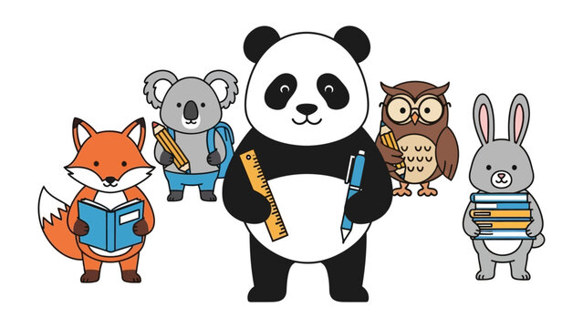 Animal Scholars: A charming illustration featuring a panda, owl, fox, koala, and rabbit, each embracing the spirit of learning with books and school supplies.