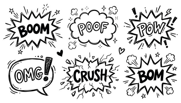 Set of hand drawn elements doodle comics isolated on white background. Speech bubbles with the words bom, boom, pow, poof, omg, crush
