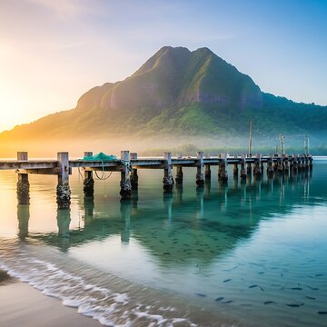 Idyllic Morning at Mulu National Park - Pier, Mountain, and Serene Waters.