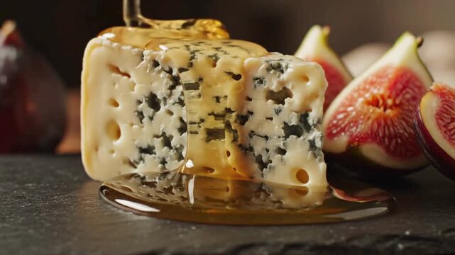 honey dripping over blue cheese with fresh figs on slate board macro shot