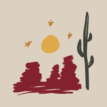 Minimalist desert landscape with cactus vector, Grand Canyon inspired hand drawn logo, western style handdrawn art illustration