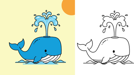 Cute Blue Whale Blowing Water with a Smile in the Ocean, Minimalist Cartoon Sea Animal Illustration © MstSangita
