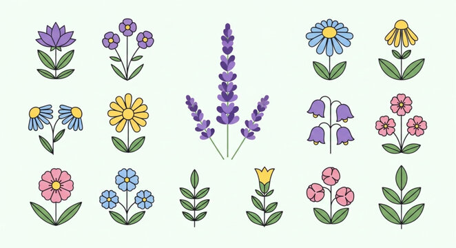 Collection of stylized floral illustrations in various colors.